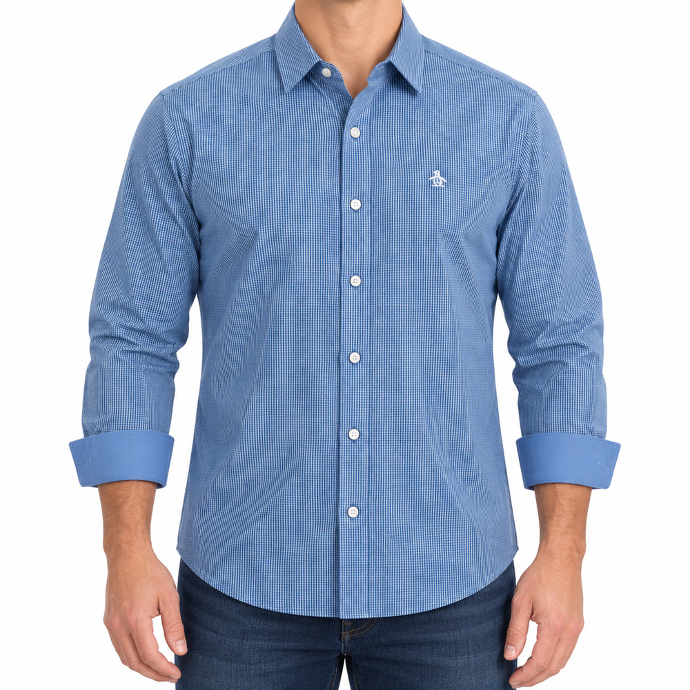 Original Penguin Shirt Mens XL Blue Check Flip Cuffs Long Sleeve Button-Up